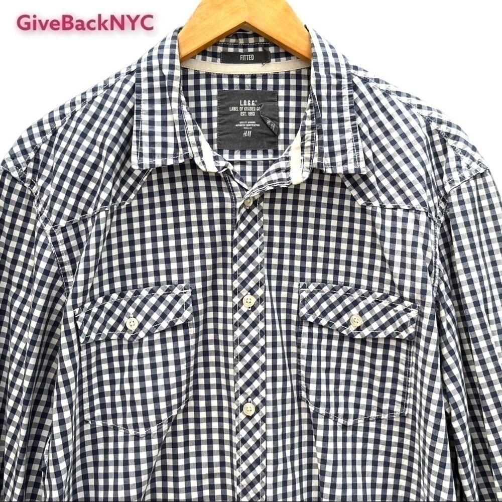 H&M Gingham Button down Dress Shirt in White & Blue Size XL